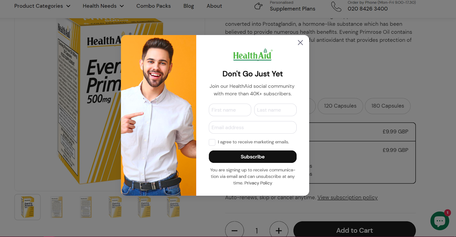 HealthAid subscription pop-up with a smiling man encouraging users to join a social community for exclusive updates and offers.